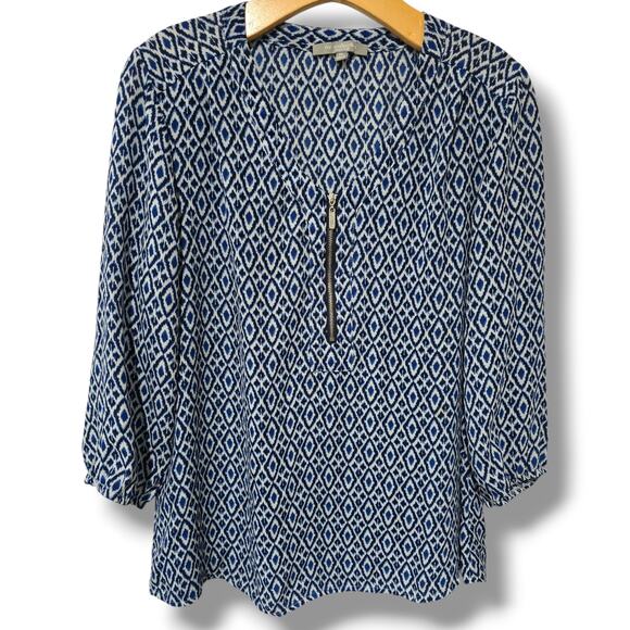 NY Collection Petite Blue Geometric Zip Front Blouse – PL, gently used - Picture 6 of 8